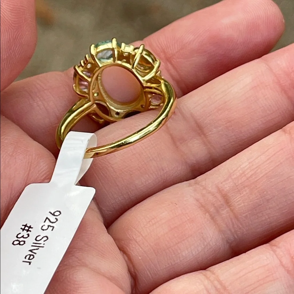 18k Gold Plated over 925 Sterling Silver Pink Opal & Tourmaline Ring Size 7.5